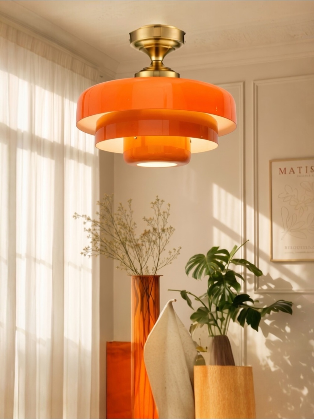 NEW Anthropologie Chandelier Mid-Century Retro Gold Orange Light Ceiling Fixture
